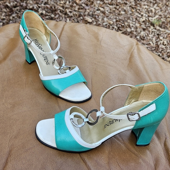 Women's Yves Saint Laurent Turquoise White Leather Sandals Heels Sz 5.5 US - Picture 9 of 14
